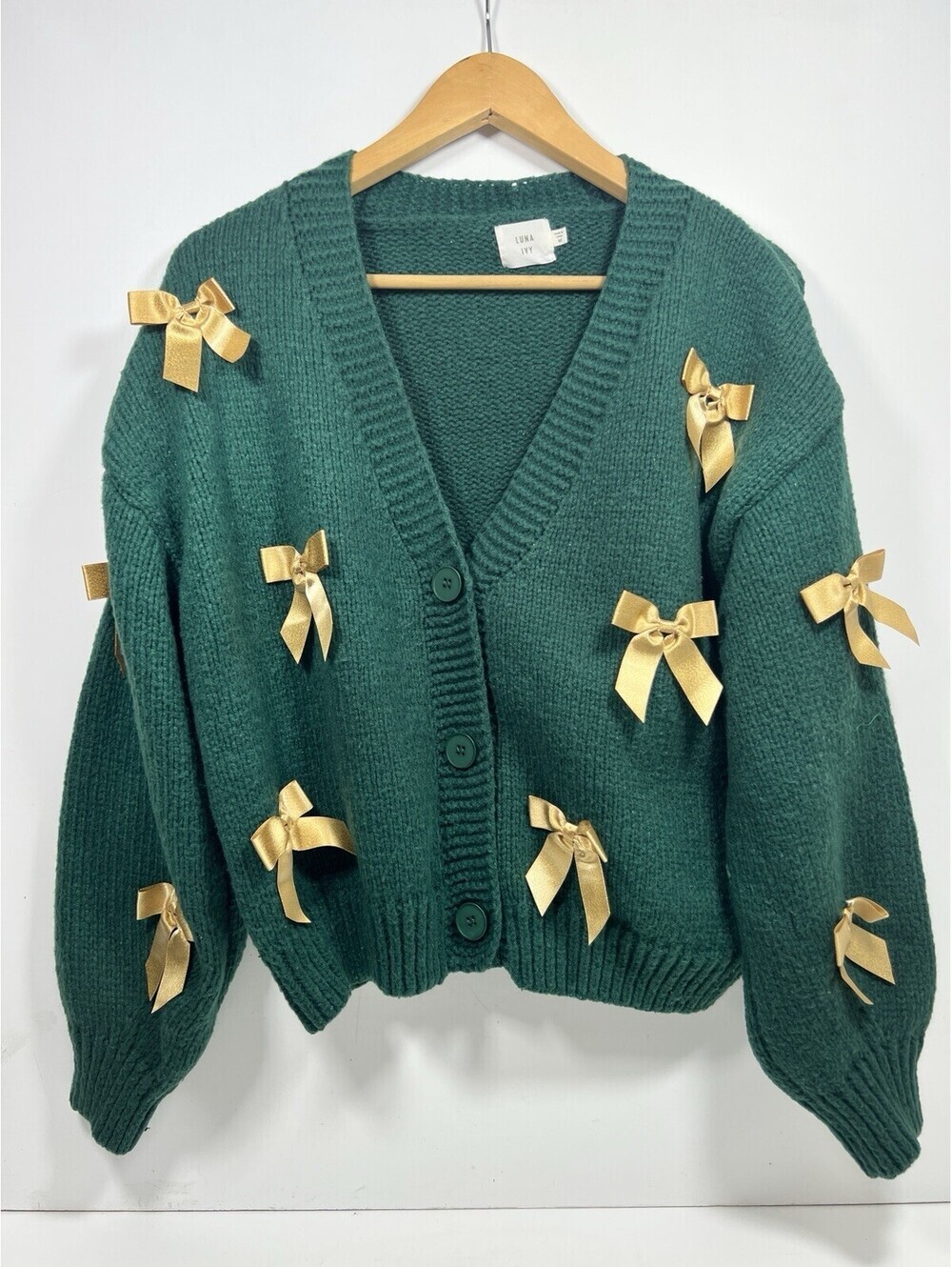 Luna Ivy Green Knit Cardigan With Gold Bows Button Front Chunky Sz M